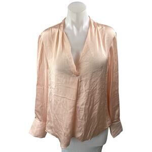NEW Kenneth Cole Coral Silk Satin Long Sleeve V Neck Shirt Blouse Top Size XL